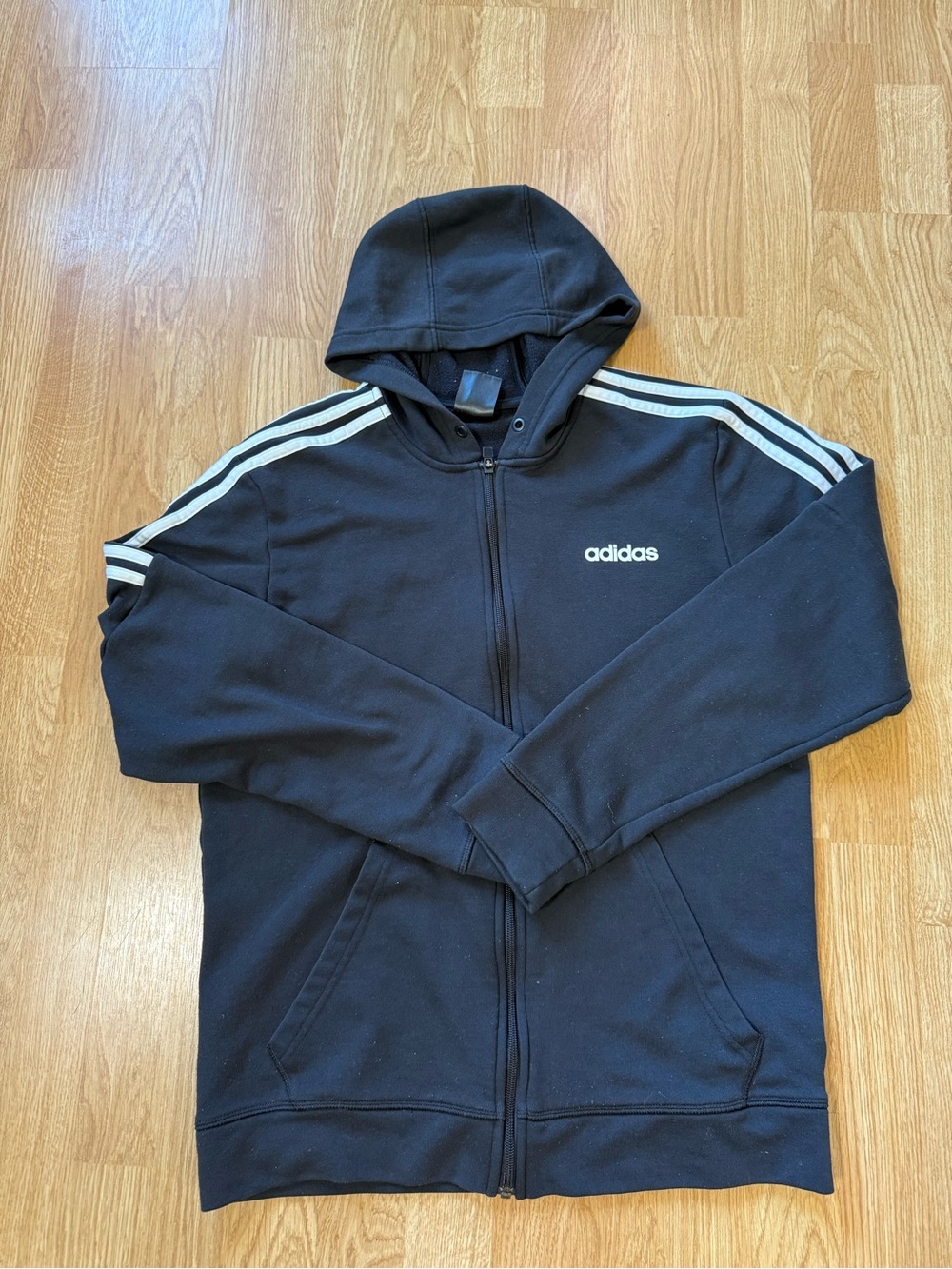 Adidas Black Full Zip Men Hoodie with Signature Stripes - Size M